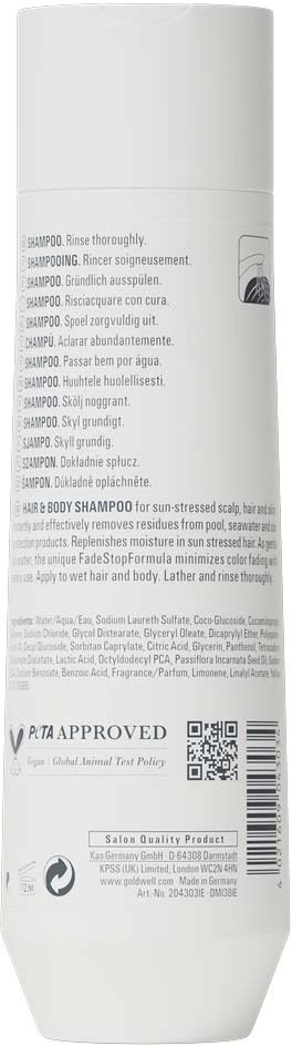 Hvit flaske med SULFATE SHAMPOO med svart tekst som oppgir ingredienser og bruksanvisning.