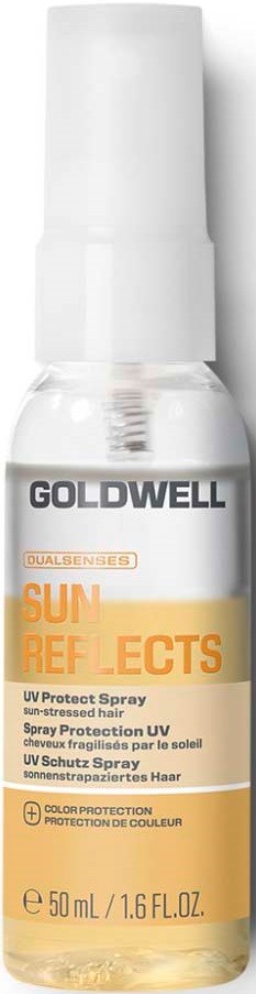 En hvit sprayflaske merket Goldwell Sun Reflections UV Protect Spray med oransje detaljer, 50 ml kapasitet.