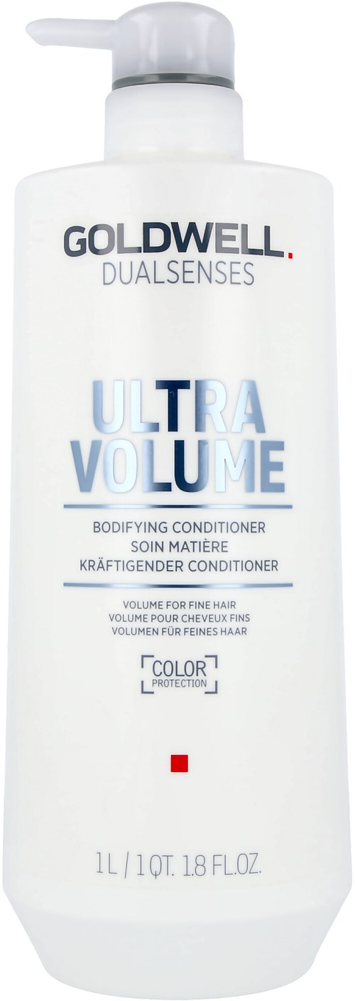 A white bottle with a pump, labeled Goldwell Dualsenses Ultra Volume conditioner for fine hair.