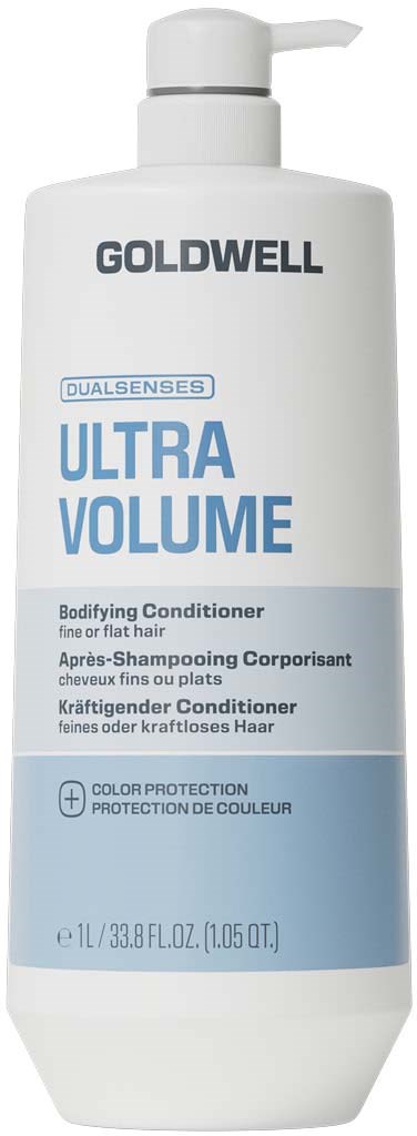 En hvit flaske med Goldwell Ultra Volume balsam med pumpe, merking for dual senses og fargebeskyttelse.
