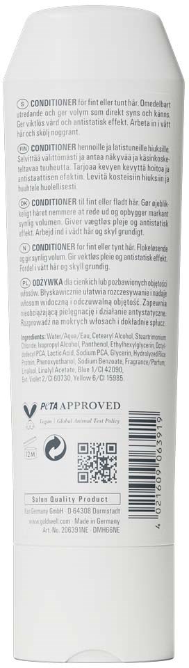 Baksiden av en hvit balsamflaske med produktinformasjon, ingredienser, strekkode og ulike symboler.