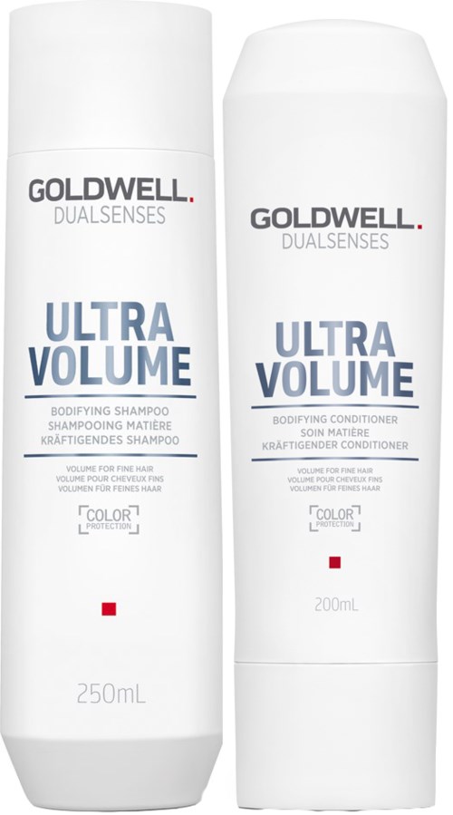 Two white bottles labeled Goldwell Ultra Volume, one for shampoo and one for conditioner, with simple blue and red text.
