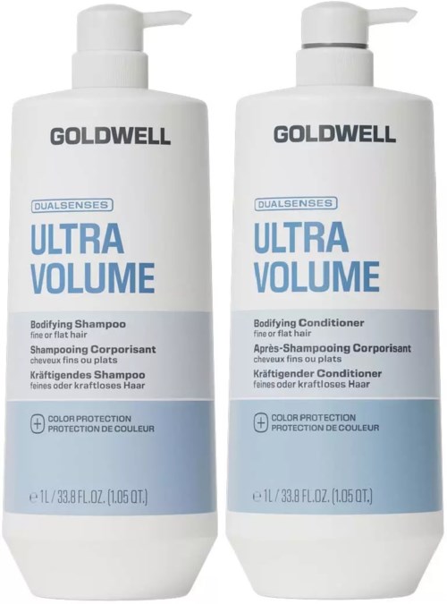 To hvite flasker med Goldwell Ultra Volume volumgivende sjampo og balsam med blå merker, står side om side.