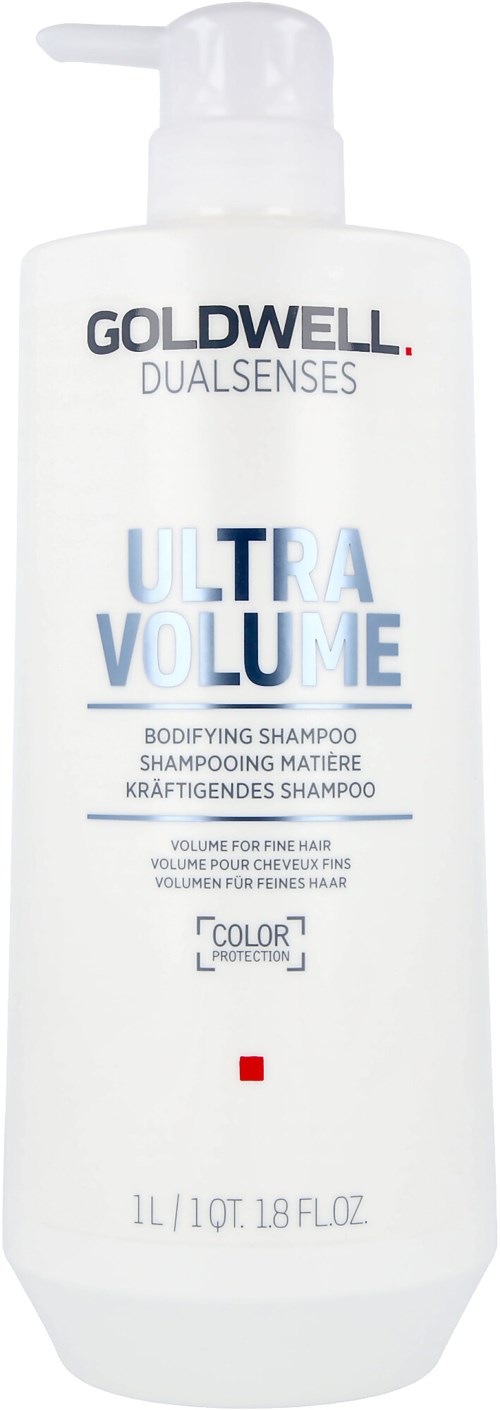 A white bottle of Goldwell Dualsenses Ultra Volume shampoo with a pump top, labeled for fine hair and volume boost.