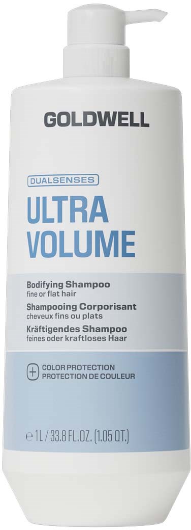 En hvit sjampospumpeflaske merket Goldwell Ultra Volume Bodifying Shampoo for fint eller rett hår.