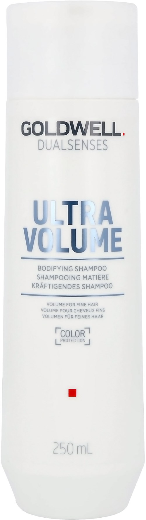 A white bottle with black, grey, and blue text, indicating it is Goldwell Ultra Volume shampoo for thick hair.