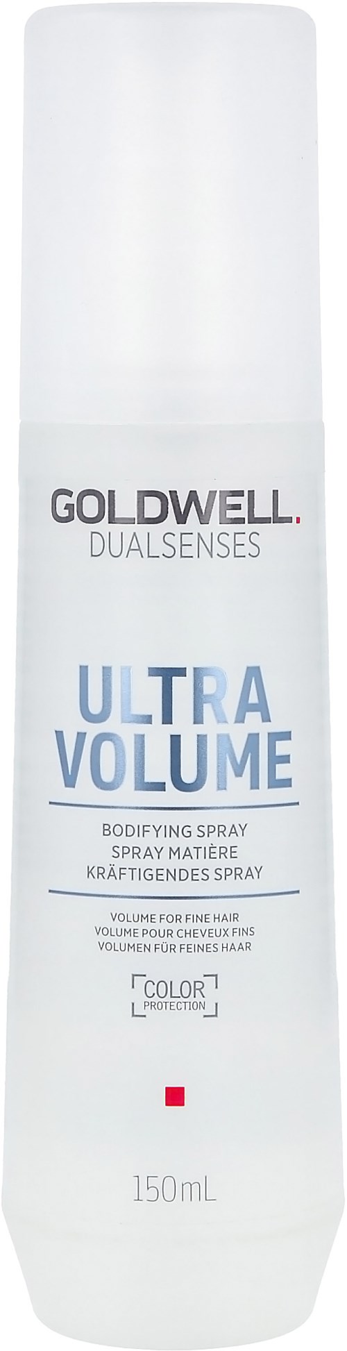 Ein weißer Behälter mit Goldwell Ultra Volume Spray für feines Haar, 150 ml, mit rotem Quadrat und Text.