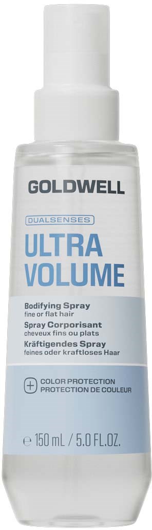 Goldwell Ultra Volume Bodifying Spray på flaske med hvit lokk og etikett, fremmer fargeskadebeskyttelse og volum for hår.
