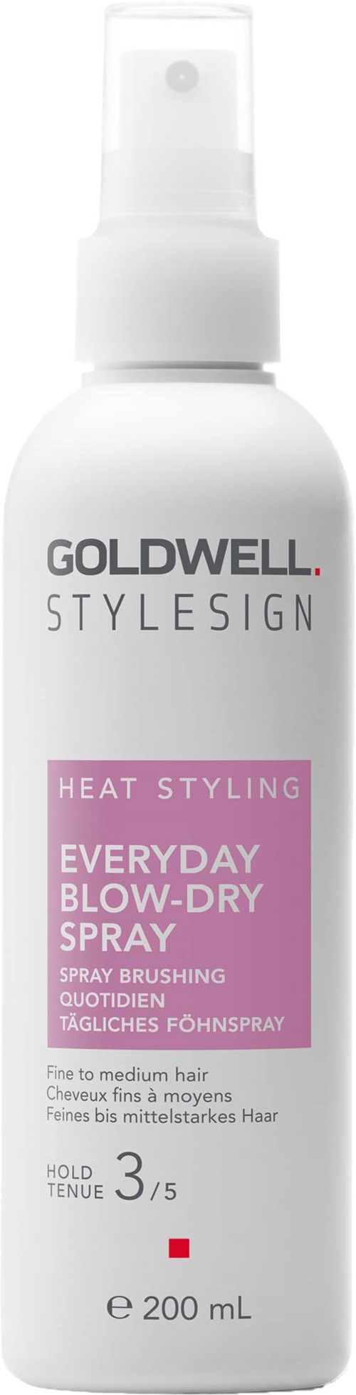 Biała butelka z rozpylaczem z czarnym i różowym tekstem, oznaczona jako Goldwell Stylesign spray do stylizacji na gorąco do suszenia włosów.