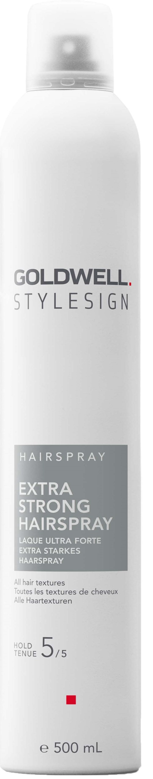 A tall white can with black, red, and grey text, labeled as Goldwell StyleSign hairspray, extra strong hold, 500 mL.