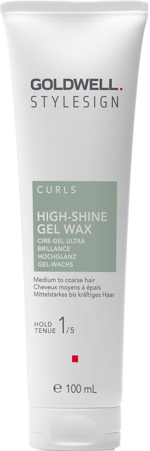 Eine weiße Tube mit Goldwell Curls High-Shine Gel Wax für mittleres bis grobes Haar mit Textdetails.