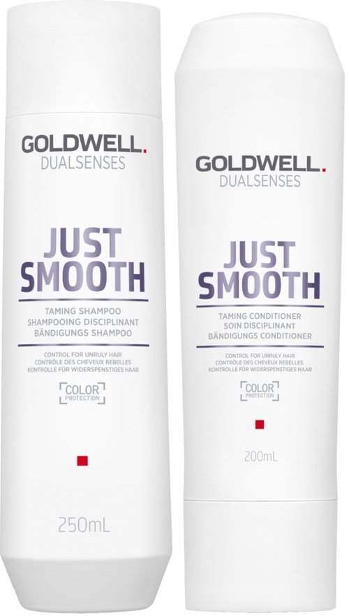 Zwei weiße Flaschen Goldwell Just Smooth Haarprodukte, eins Shampoo, eins Conditioner, mit lila und rotem Text.