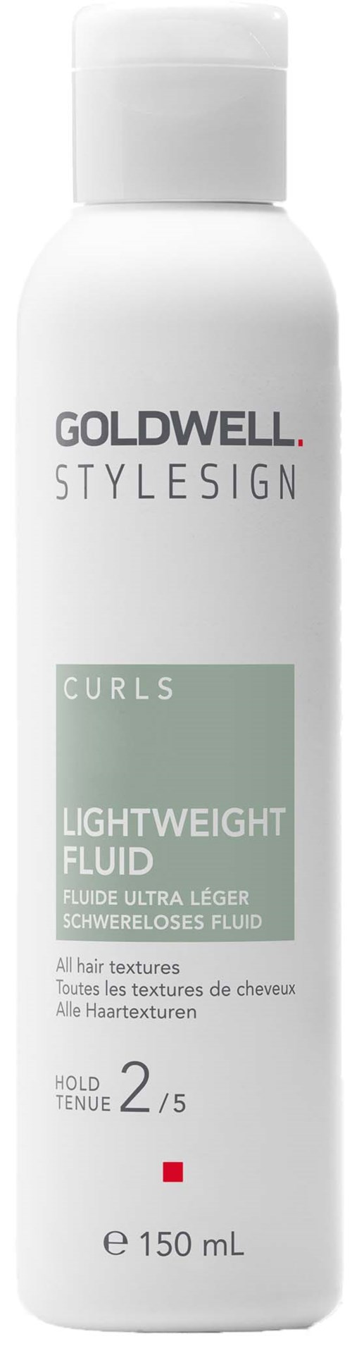 Biały plastikowy butelka produktu do włosów Goldwell Stylesign Curls Lightweight Fluid z białą nakrętką.