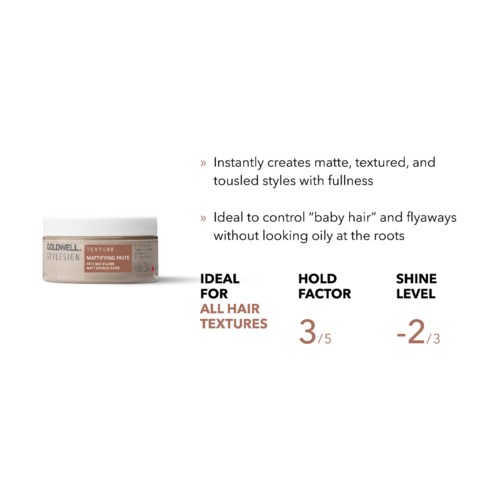 Ein Haarstyling-Gel mit Beschreibungen von matten, texturierten Styles und Kontrollmerkmalen für alle Haartypen.