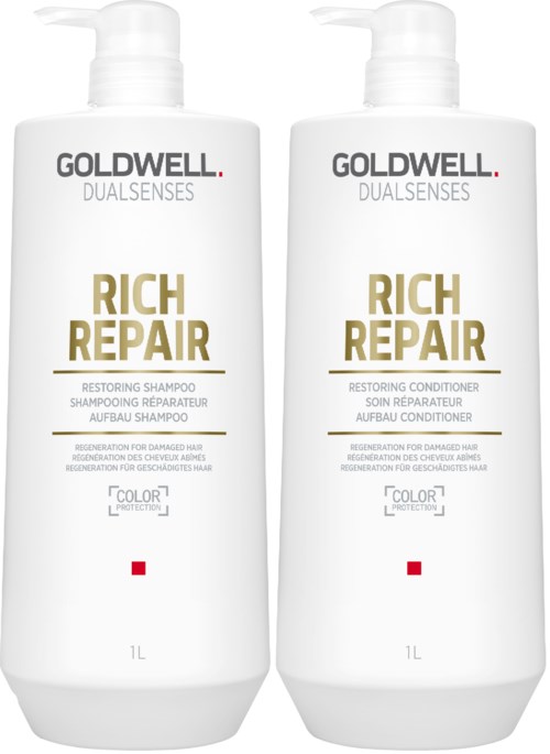 Zwei weiße Flaschen Goldwell Rich Repair Shampoo und Conditioner mit Pumpen, für geschädigtes Haar, jeweils 1 Liter.