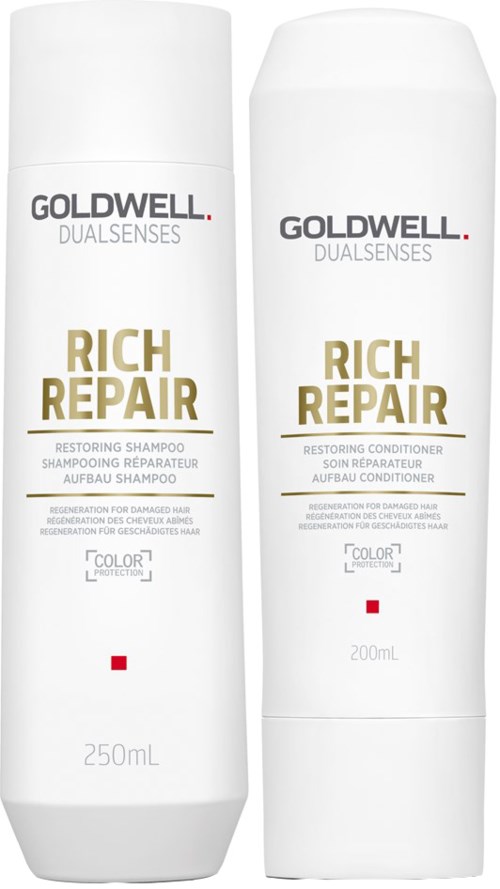 Two white bottles of hair care products, labeled Goldwell Rich Repair, one shampoo and one conditioner.