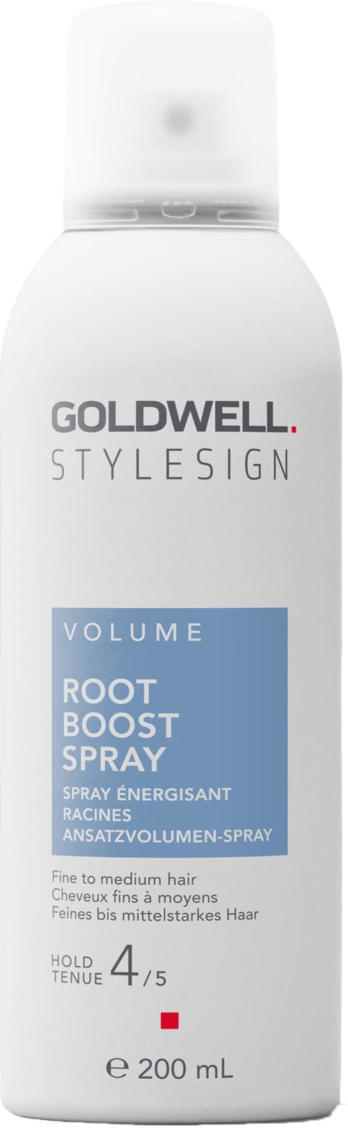 Valkoinen pullo Goldwell StyleSign Volume Root Boost Spray -tuotteelle, 200 mL, keskipitkän hiuksen tyyliin.