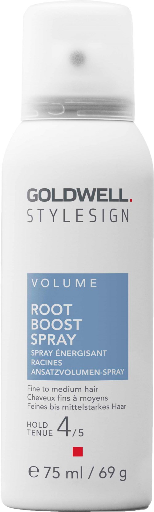 A white spray bottle labeled Goldwell StyleSign Volume Root Boost, designed for hair, with a spray nozzle on top.