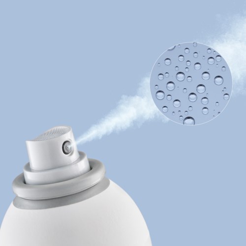 A white spray bottle releases a mist, with a textured droplet pattern in a circle and a blue sky background.