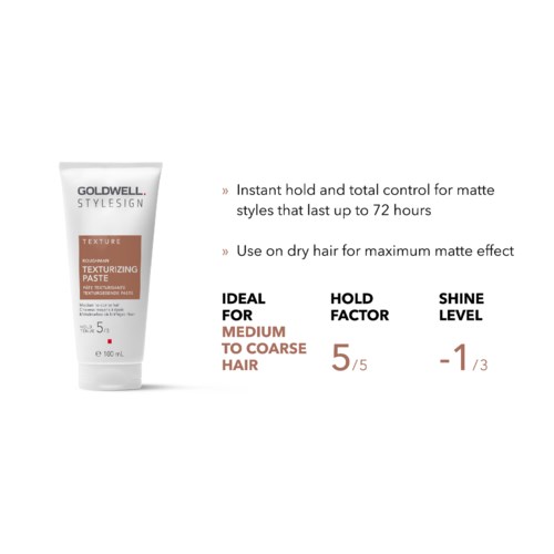 Eine Tube Goldwell Styling Paste mit Text über matten Look, Halt und Glanzkontrolle für dickeres Haar.