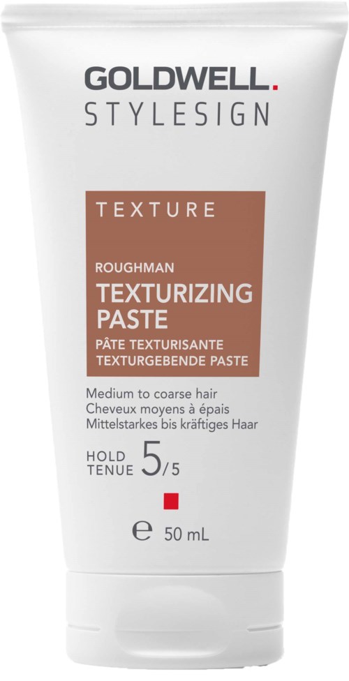 A white tube with black, red, and brown text, indicating it is a hair texturizing paste for medium to coarse hair.