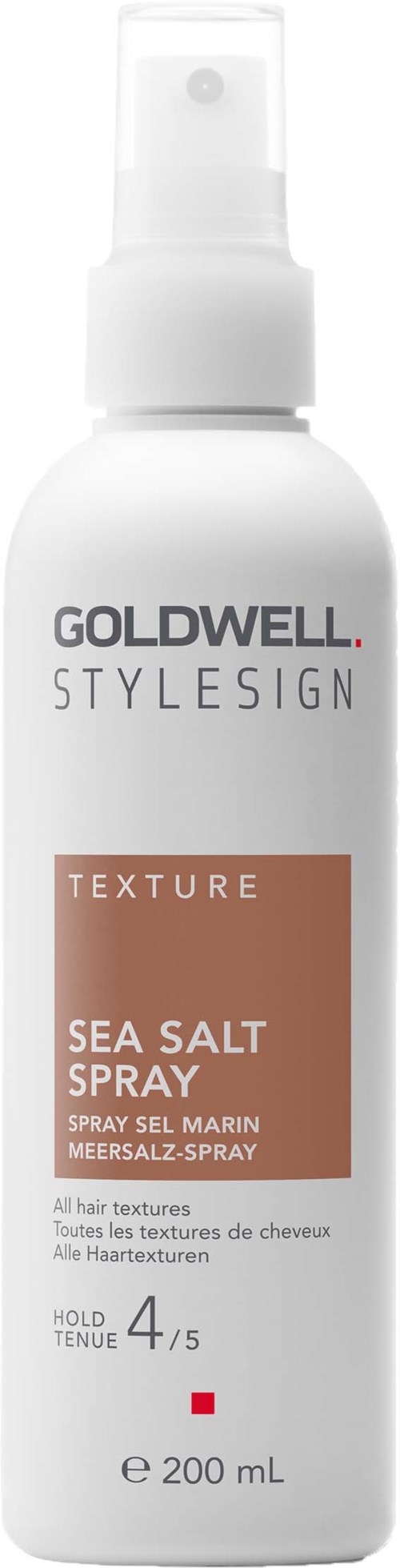 Eine weiße Sprühflasche mit Aufkleber, auf dem 'Goldwell Stylesign Texture Sea Salt Spray' für Haare steht.