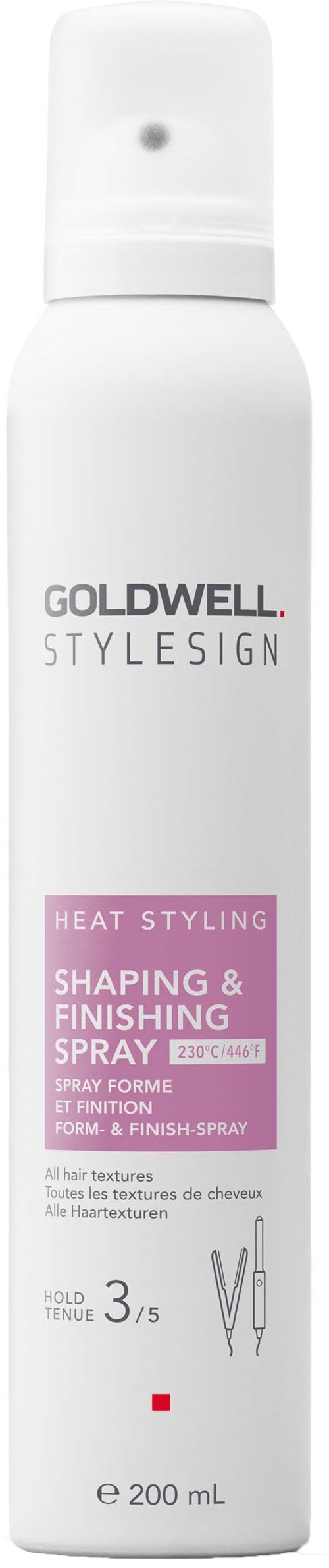 Eine weiße Flasche Goldwell StyleSign Hitzeschutzspray mit pinkem und schwarzem Text.