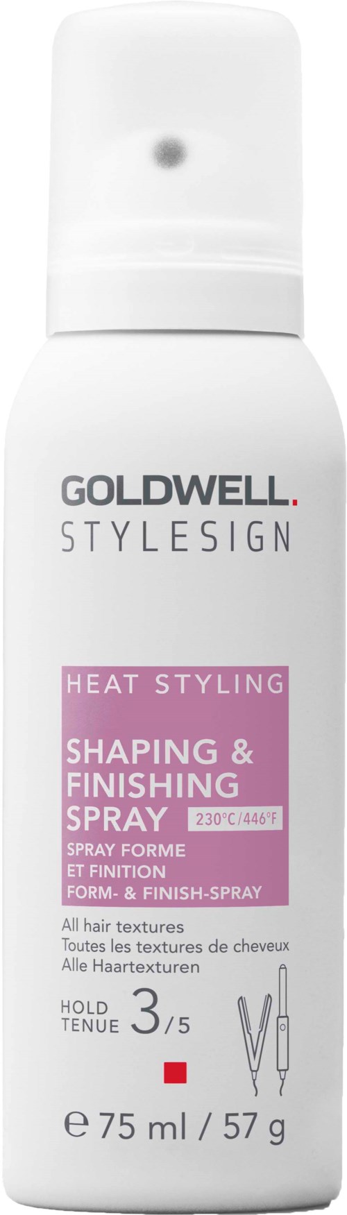 A white spray bottle labeled Goldwell Stylesign Heat Styling Shaping & Finishing Spray, 75 ml, for hair styling.
