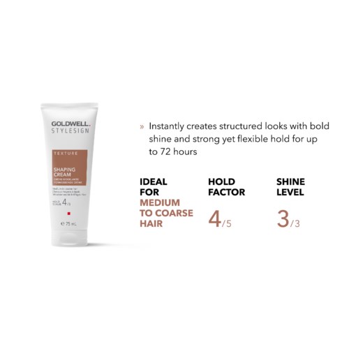 Text- und Produktbeschreibung für Goldwell Styling-Creme für mittellanges bis grobhaariges Haar, Hervorhebung von Glanz, Haltfaktor und Glanzstufe.
