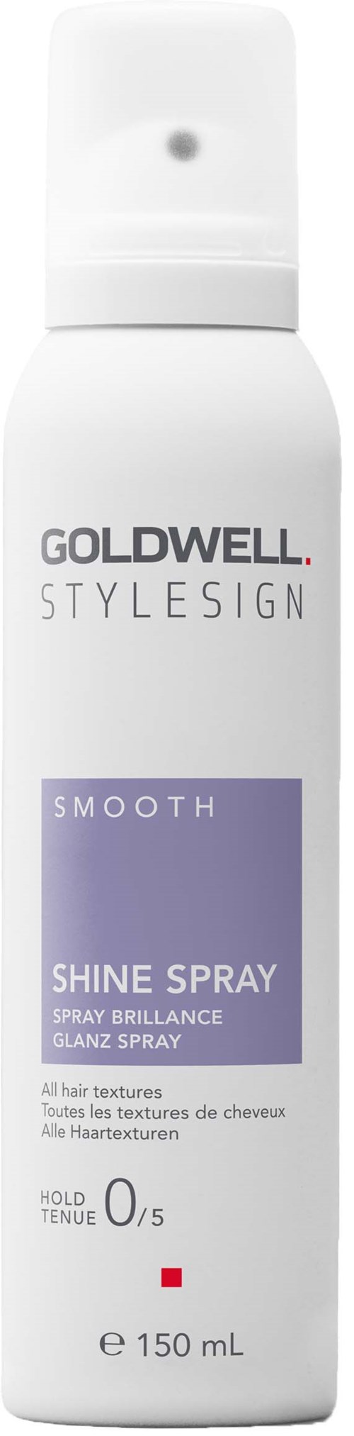Eine weiße Sprühflasche mit Beschriftung 'Goldwell Stylesign Shine Spray' für Haare, 150 ml.