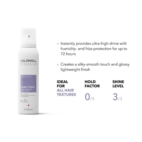 Ein Logo und Produktbeschreibung für Goldwell Shine Spray, betont Glanz, leichtes Gefühl und Eignung für alle Haartypen.