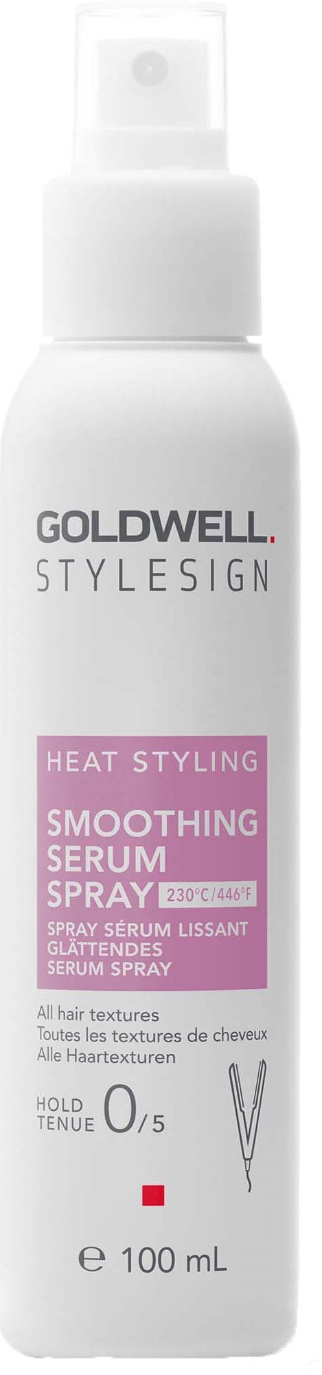 Biała butelka spray o pojemności 100 ml z etykietą Goldwell StyleSign Smoothing Serum Spray do stylizacji na ciepło, z różowym i czarnym tekstem.