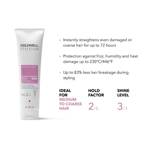 A hair styling cream packaging describes benefits for damaged hair, protection from heat, and less breakage. Ideal for medium to coarse hair.