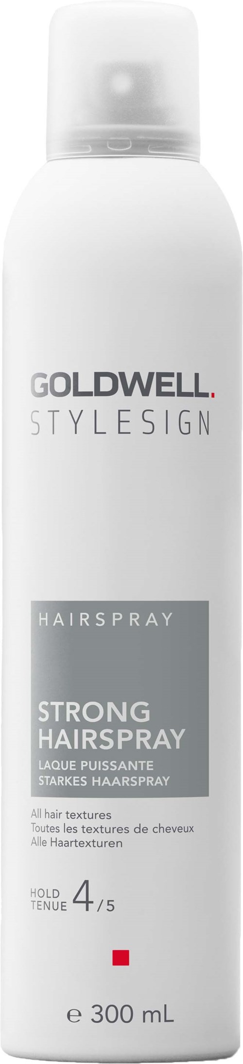 A tall white can with a pump, labeled as Goldwell StyleSign Hairspray for strong hold, 300 ml.
