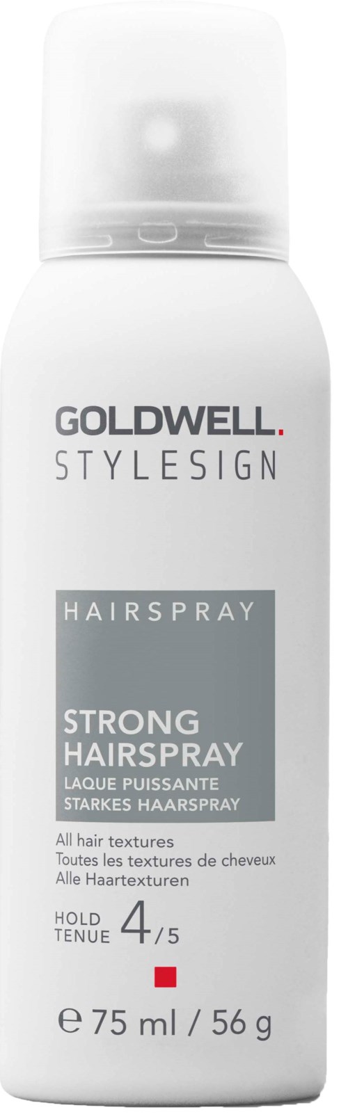 A white bottle with a spray top, labeled 'Goldwell Stylesign Strong Hairspray', containing 75ml of hair spray.