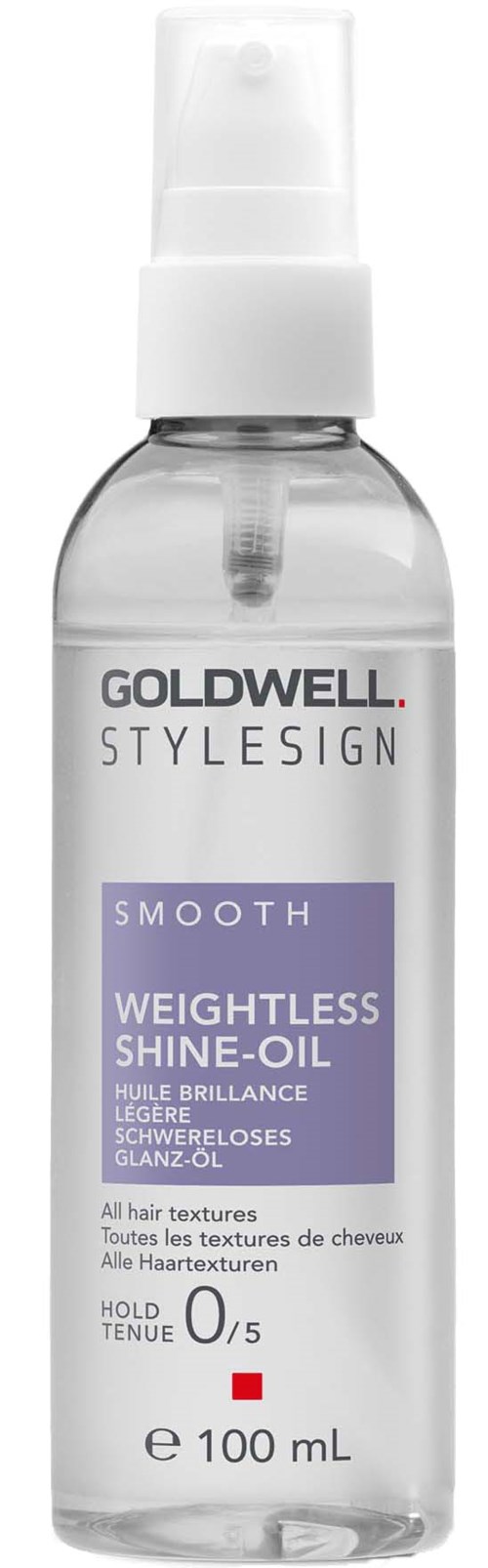 Eine klare Sprühflasche mit Goldwell StyleSign Smooth, schwereloses Glanzöl, 100 ml.