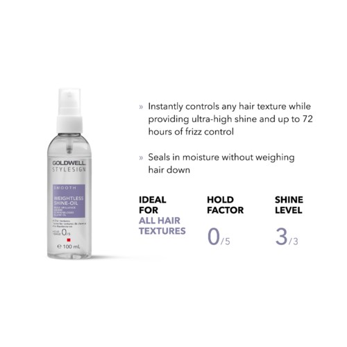 Text auf der Haarpflegeflasche zeigt Vorteile für alle Haartypen, Glanzstufe 3 von 3.