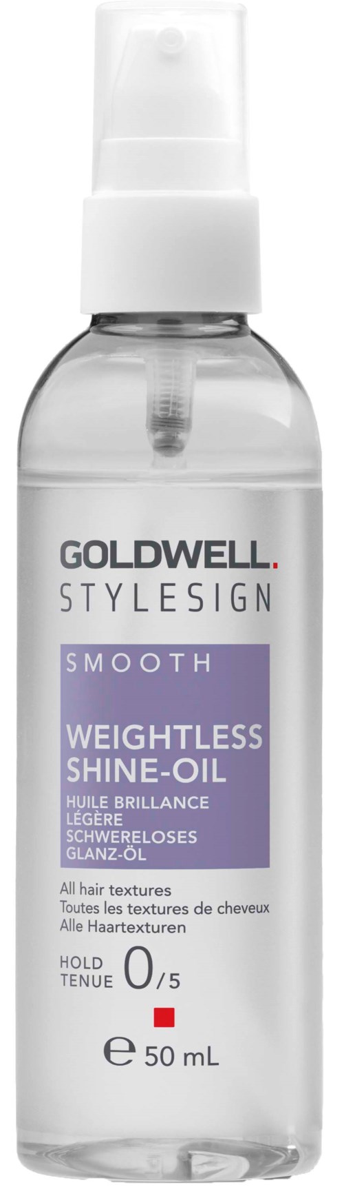 Transparente Flasche mit weißem Pumpenkopf, Etikett zeigt Goldwell und StyleSign, für glänzendes, leichtes Haarspray. 50 mL.