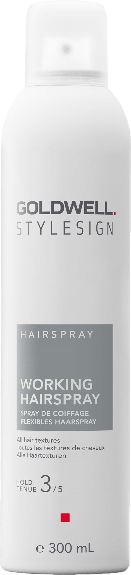A white can of hairspray labeled 'GOLDWELL STYLE SIGN', specifies 'WORKING HAIRSPRAY' for flexible hair hold, 300mL.