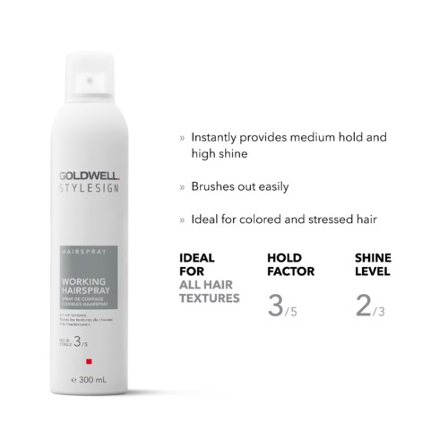 A white bottle of Goldwell Styling Hairspray with product benefits and usage instructions on the label.