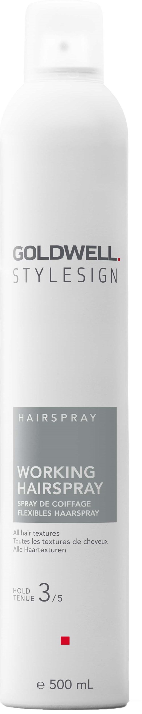 Ein weißer Haarspray mit der Bezeichnung 'Goldwell StyleSign' für professionelle Frisuren, hat 500 ml, mit rotem und grauem Design.