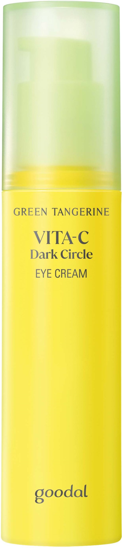 Żółta i zielona butelka kremu pod oczy 'VITA-C Dark Circle Eye Cream' od Goodal, z pompą.