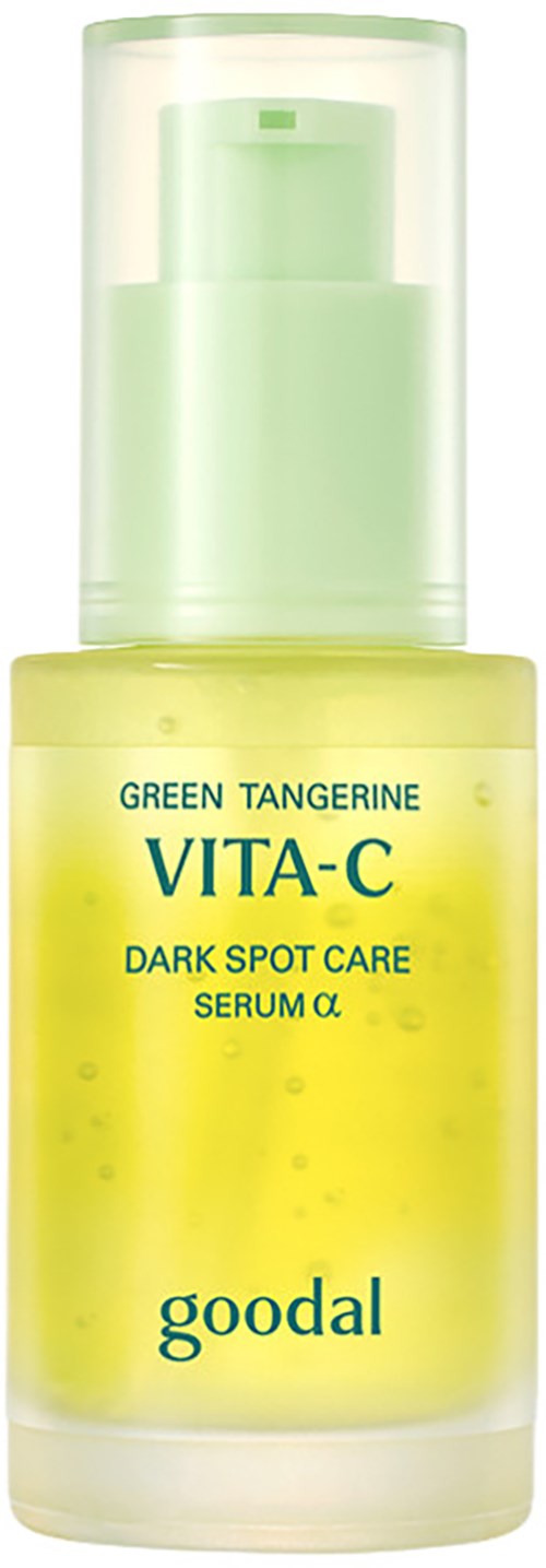 Mała, żółta butelka z zieloną nakładką oznaczona Green Tangerine Vita-C Dark Spot Care Serum. Goodal.