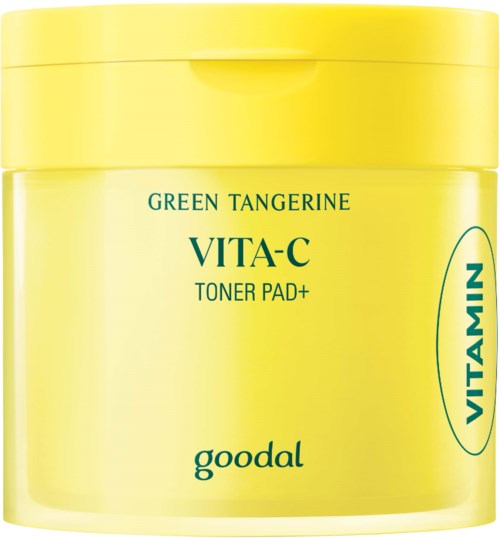 Żółty pojemnik z zielonym i niebieskim tekstem, oznaczony 'VITA-C Toner Pad+' i 'goodal,' oraz logo 'VITAMIN.'