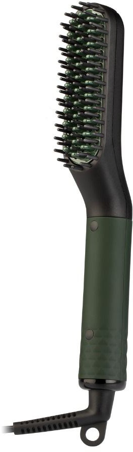 A black and green heated hairbrush with bristles and a power cord.