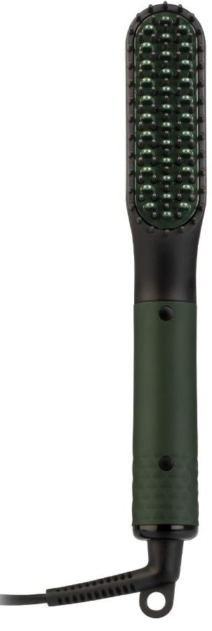 A hair straightening brush with a black handle and green bristles. It has a power cord attached.
