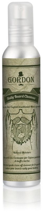 Eine weiße Flasche mit grünem Etikett mit der Aufschrift 'Gordon Daily Beard Cleanser' und einem Bartbild.