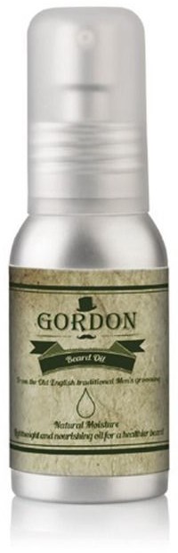 Mała, srebrna butelka z dozownikiem, oznaczona 'Gordon Beard Oil' do pielęgnacji brody. Prosty design, naturalny nawilżacz.