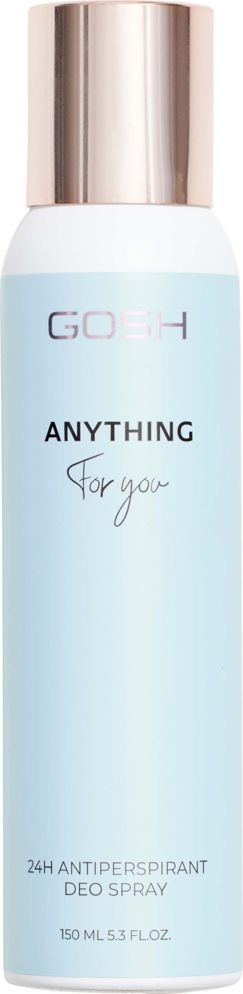 Lichtblauwe en witte sprayfles met een zilveren dop, gemarkeerd "GOSH" en "Anything for you."
