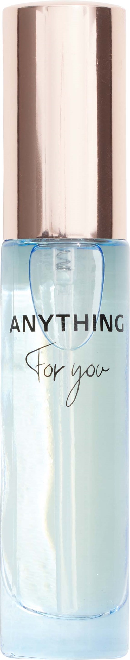 Een doorzichtige sprayfles met lichtblauwe vloeistof en zilveren dop, gemerkt 'ANYTHING for you'.